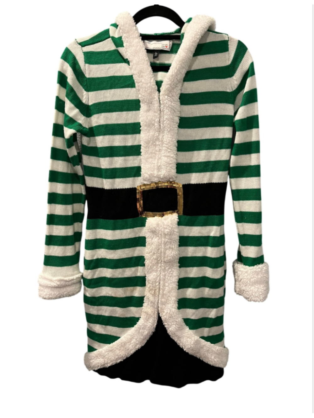 With Love Derek Elf Christmas Sweater Dress Hooded Green White Striped Costume L